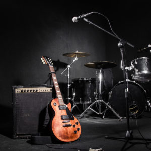 Set of musical instruments during concert Set of musical instruments during concert